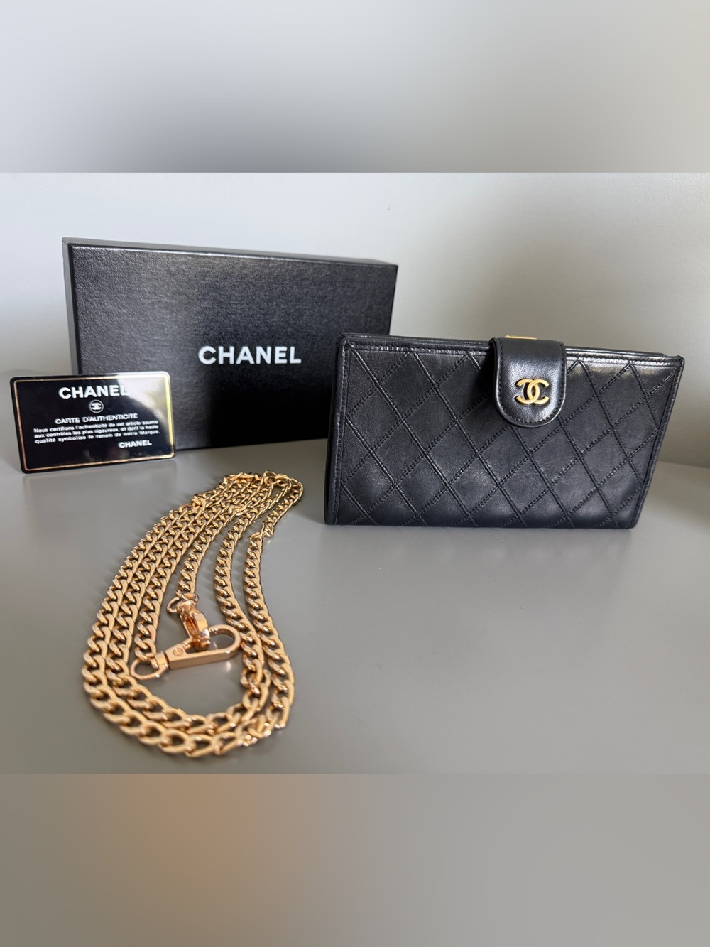 Chanel Vintage Quilted Calfskin Wallet Black CC Logo Gold Hardware Snap